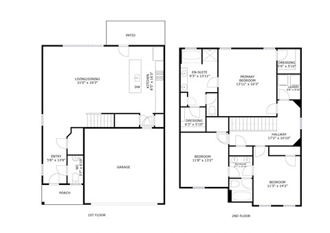 A black and white image of a two-story house floor plan.